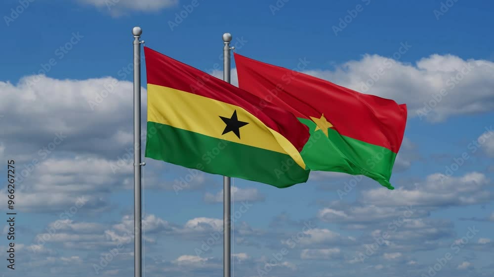 Burkina Faso and Ghana flags flying together, video concept of the relationship, two country relations concept Burkina Faso and Ghana flags flying together, video concept of the relationship, two country relations concept
