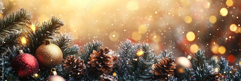 Obraz premium A festive Christmas greeting card with pine cones, Christmas tree branches and ornaments
