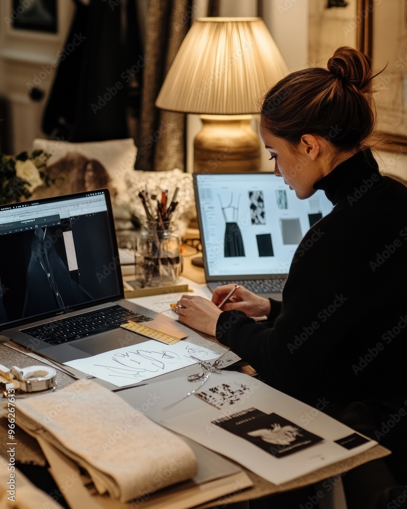 Fashion designer working at desk with design sketches