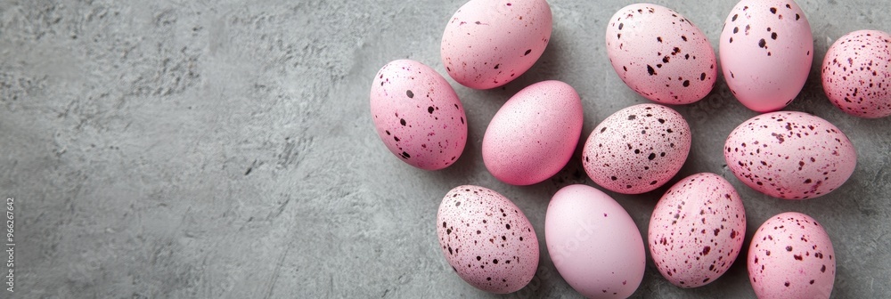 A festive Easter banner featuring a scattering of pink quail eggs on a gray background. The eggs symbolize new beginnings, hope, spring, rebirth, and the joy of the holiday season. A festive Easter banner featuring a scattering of pink quail eggs on a gray background. The eggs symbolize new beginnings, hope, spring, rebirth, and the joy of the holiday season.