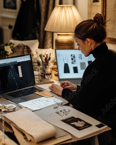 Obraz na płótnie Fashion designer working at desk with design sketches w salonie
