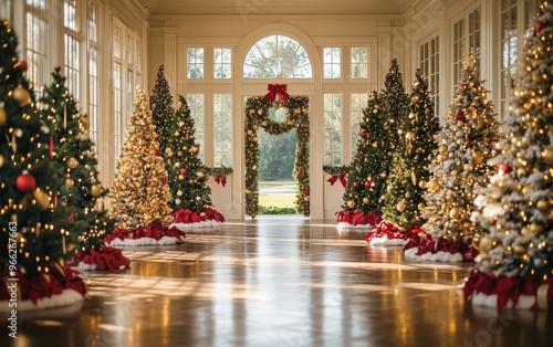 A festive indoor garden decorated with multiple Christmas trees adorned with ...