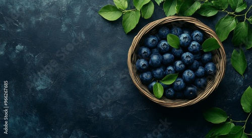 Fresh blueberries in a basket with green leaves on a dark textured background