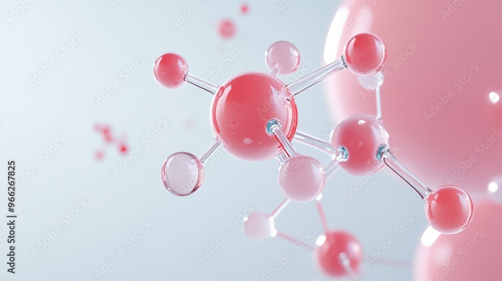 This image depicts an abstract representation of a molecular structure. The pink spheres symbolize atoms, while the transparent lines represent bonds between them. This image represents connection, st This image depicts an abstract representation of a molecular structure. The pink spheres symbolize atoms, while the transparent lines represent bonds between them. This image represents connection, st