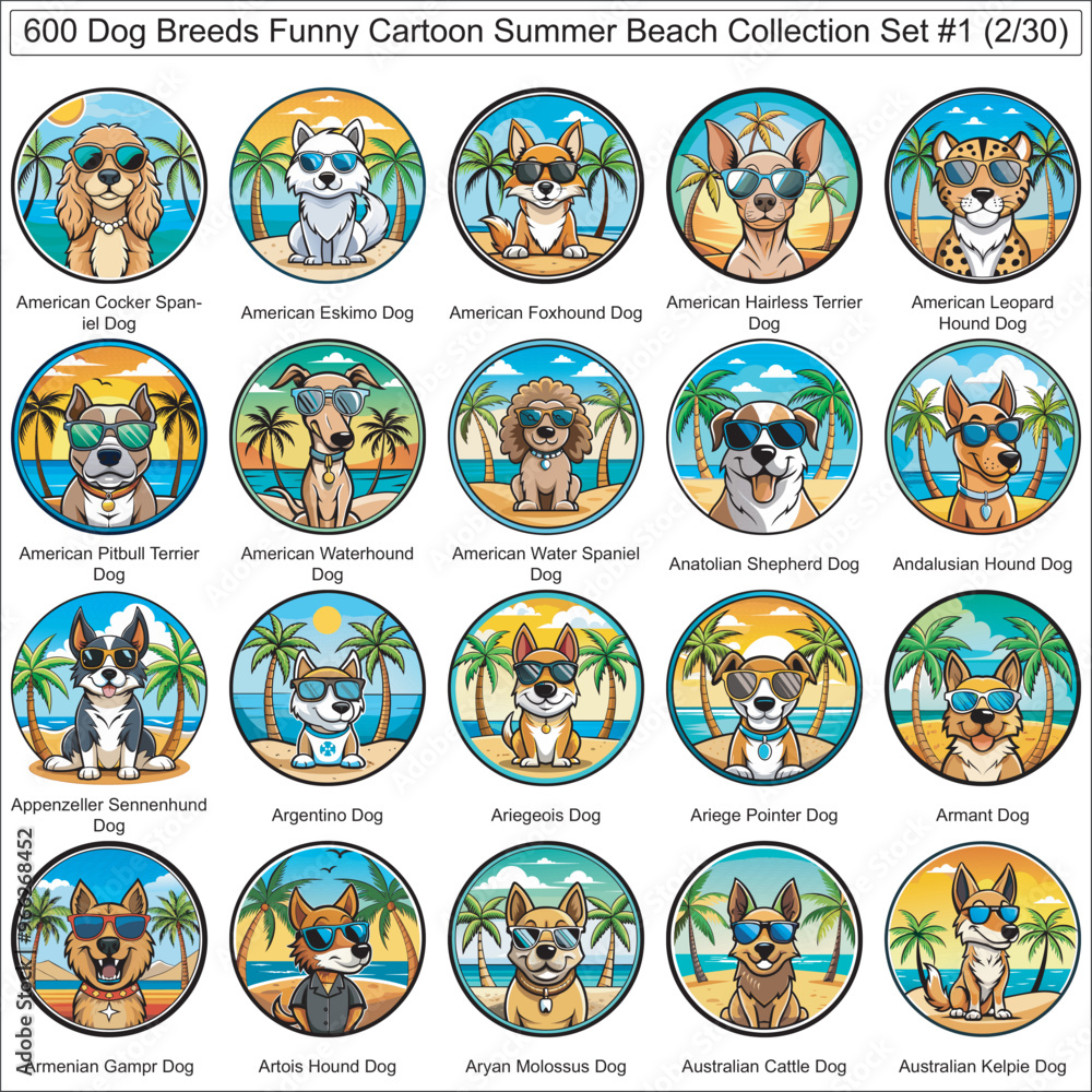 Dog Breeds Funny Cartoon Summer Beach Collection Set of 600 Dog Faces Isolated Part 2 Dog Breeds Funny Cartoon Summer Beach Collection Set of 600 Dog Faces Isolated Part 2