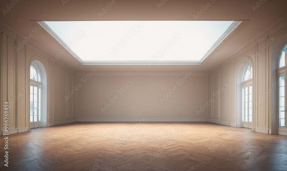 Obraz premium A large, empty room with a skylight and hardwood floors