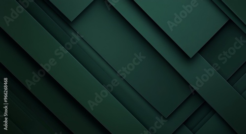 Abstract dark green geometric shapes layered in a modern design with shadow e...