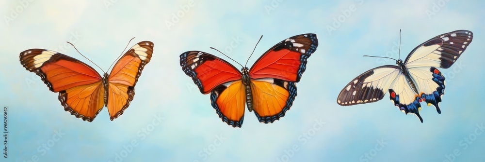 Three butterflies of different colors and patterns are shown in flight against a soft blue sky. The vibrant colors and delicate wings represent beauty, transformation, and freedom. Three butterflies of different colors and patterns are shown in flight against a soft blue sky. The vibrant colors and delicate wings represent beauty, transformation, and freedom.