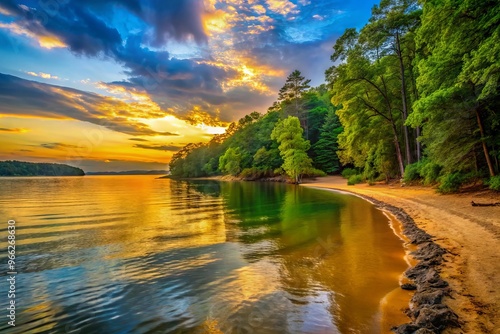 Serene sunset casting warm golden light on Victoria Beach's tranquil shoreline, surrounded by lush green trees and calm photo