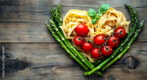 Fresh vegetables and pasta arranged in a heart shape on a wooden table for a healthy meal