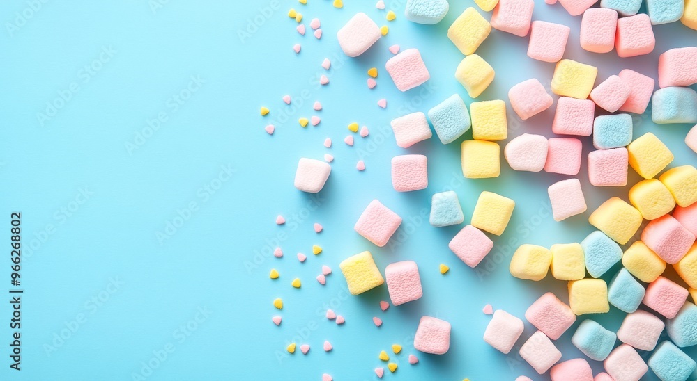 Colorful pastel sugar cubes scattered on a pink background create a playful, vibrant display Colorful pastel sugar cubes scattered on a pink background create a playful, vibrant display