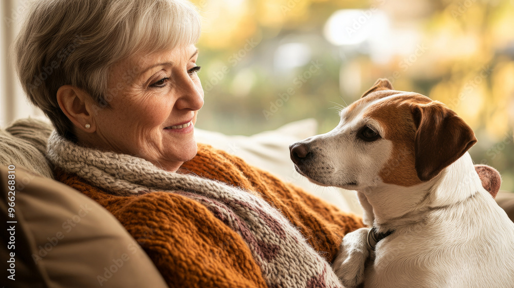 Happy senior woman hugging her cute dog. Person and domestic pet friendship and love concept Happy senior woman hugging her cute dog. Person and domestic pet friendship and love concept
