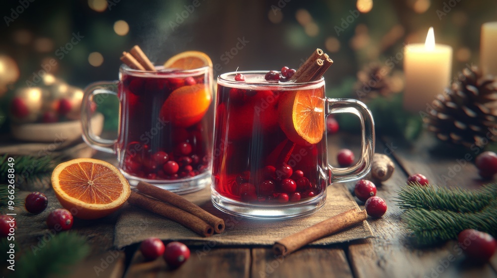 Warm spiced holiday drinks with cranberries and oranges on a wooden table during winter festivities Warm spiced holiday drinks with cranberries and oranges on a wooden table during winter festivities