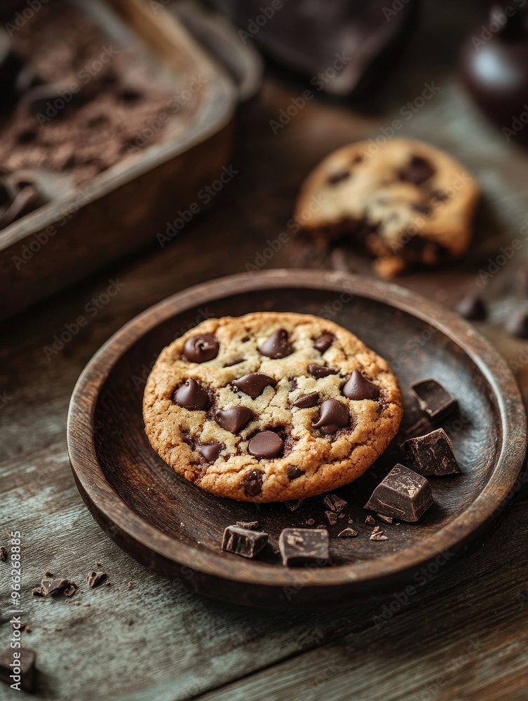 A freshly baked chocolate chip cookie sits on a rustic wooden plate, surrounded by broken chocolate pieces. The cookie is golden brown and has a soft A freshly baked chocolate chip cookie sits on a rustic wooden plate, surrounded by broken chocolate pieces. The cookie is golden brown and has a soft
