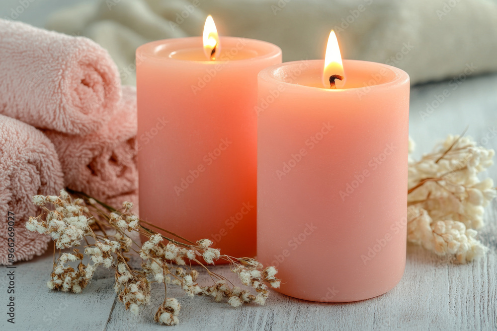 Peachy Pink Candles with Burning Flames and dry Flowers on a Towel Peachy Pink Candles with Burning Flames and dry Flowers on a Towel