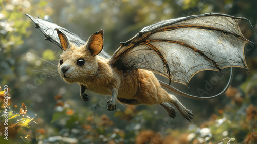 A whimsical flying creature with bat-like wings glides over a lush forest in the soft light of dusk