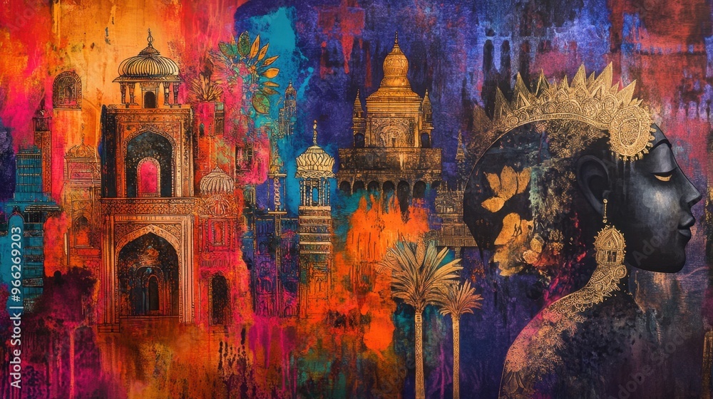 Abstract depiction of Indian civilization with a luxurious ornate background, blending intricate patterns and historical motifs in bold colors. Abstract depiction of Indian civilization with a luxurious ornate background, blending intricate patterns and historical motifs in bold colors.