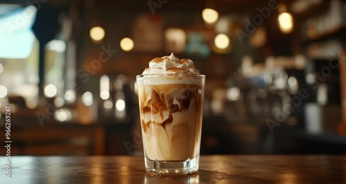 Delicious iced coffee topped with whipped cream and chocolate shavings in a c...