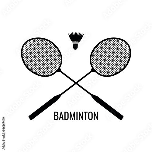Black badminton racket and black shuttlecock silhouette. Vector illustration isolated on white background.