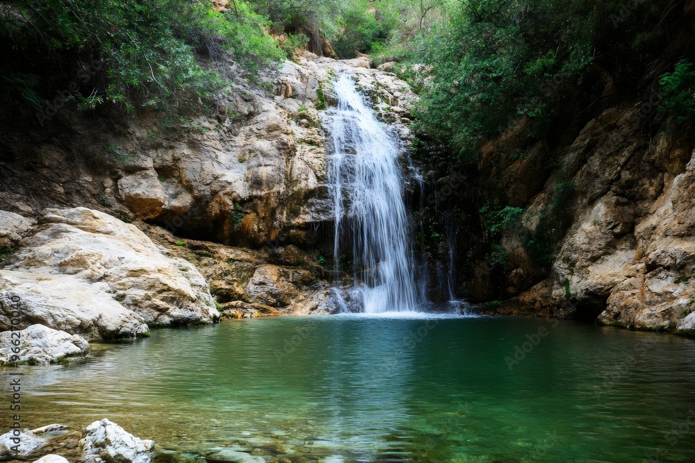 Tranquil waterfall in a lush forest setting with crystal clear waters, inviting peaceful contemplation and a connection with nature Tranquil waterfall in a lush forest setting with crystal clear waters, inviting peaceful contemplation and a connection with nature