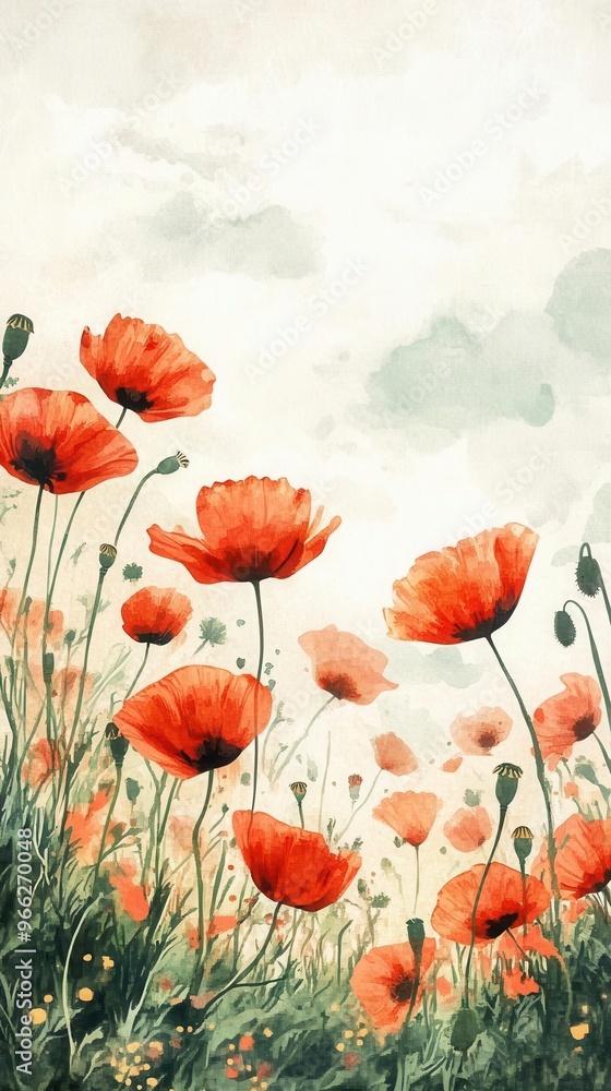 Fototapeta premium Poppy meadow, flat design, side view, countryside theme, watercolor, vivid