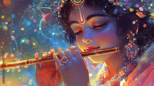Adorable and mystical illustration of Krishna playing his flute, radiating joy and divine energy in a close-up shot.