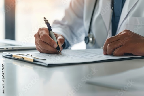 Doctor hands writing on paper or document at a desk in the hospital. Healthcare professional drafting a medical insurance letter, legal paperwork or form. 