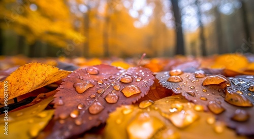 Vibrant autumn leaves glistening with morning dew in a serene forest landscape