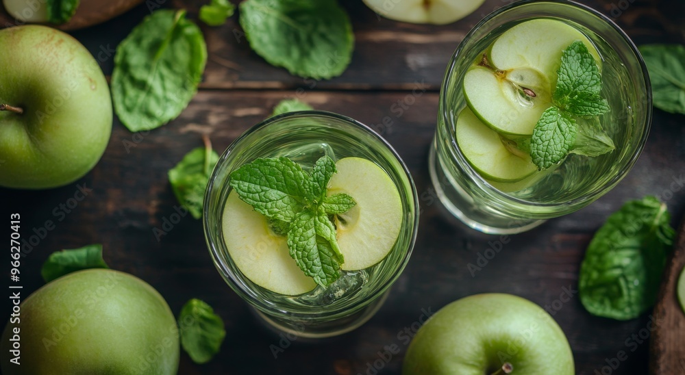 Refreshing green apple mint drink on wooden table with fresh apples and mint leaves in sunlight Refreshing green apple mint drink on wooden table with fresh apples and mint leaves in sunlight