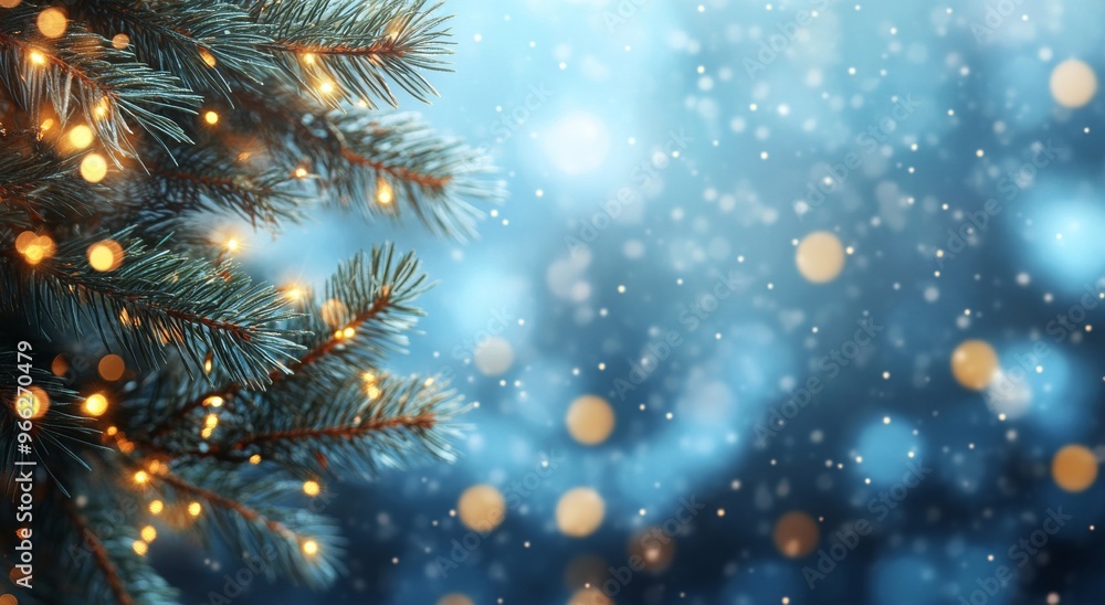 A beautifully decorated Christmas tree branch with twinkling lights on a vibrant blue background A beautifully decorated Christmas tree branch with twinkling lights on a vibrant blue background