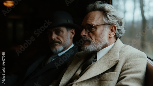 Two elderly men in suits, with serious expressions, engage in silent thought while traveling, capturing a moment of deep contemplation in a vintage setting. photo