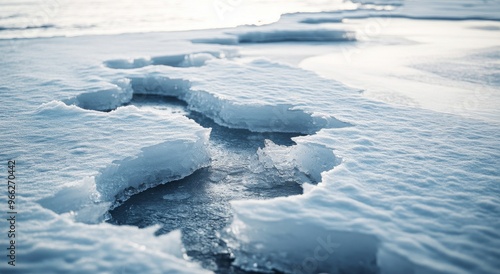 Cracked ice formations on a frozen lake during winter's twilight