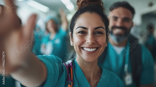 A cheerful nurse smiles in the foreground while taking a selfie, with her colleagues blurred in the background, showcasing a lively and joyful healthcare environment.