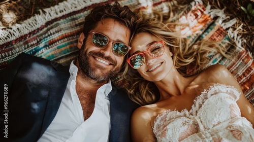 A bride and groom are lying down together on a colorful woven blanket, reflecting a moment of intimate relaxation after their wedding ceremony. photo