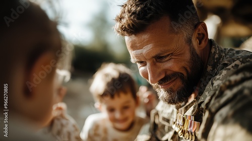 A smiling soldier interacts warmly with children in a cheerful and joyful setting, creating a heartwarming scene of connection and mutual respect. photo