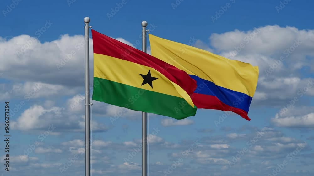 Colombia and Ghana flags flying together, video concept of the relationship, two country cooperation concept Colombia and Ghana flags flying together, video concept of the relationship, two country cooperation concept
