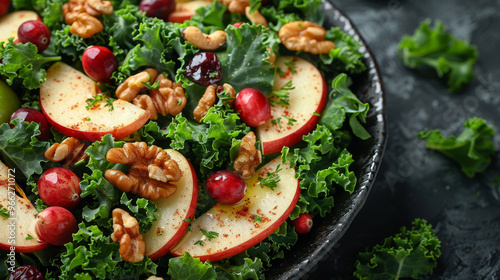 Vibrant kale apple salad with walnuts, dried cranberries, and lemon-olive oil dressing