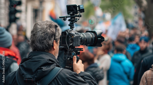 A journalist with a camera and microphone interviewing people, symbolizing freedom of speech and the press.