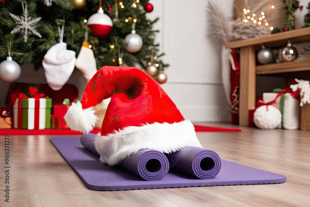 Fototapeta premium Close-Up of Festively Decorated Home with Yoga Mat and Santa Hat Inspiring Healthy Lifestyle and New Year Resolutions