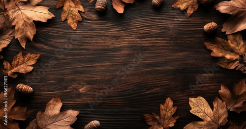Autumn leaves and acorns arranged on a rustic wooden table creating a seasona...