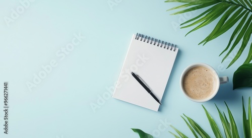 A cozy workspace featuring a notepad, pen, and coffee surrounded by greenery ...