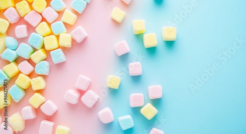 Colorful pastel sugar cubes scattered on a pink background create a playful, ...