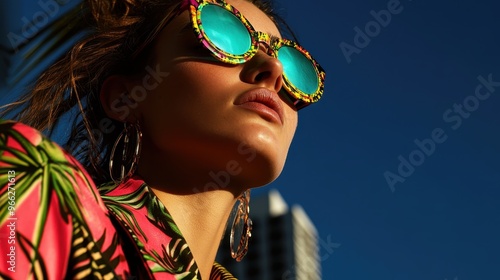 A woman wearing a colorful, tropical-themed shirt and large hoop earrings, with reflective sunglasses, looks up at a clear blue sky, representing a sunny day. photo