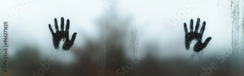 Handprints on a foggy glass, suggesting a sense of longing or connection.