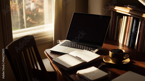 Cozy Home Workspace with Laptop, Notebook, and Coffee