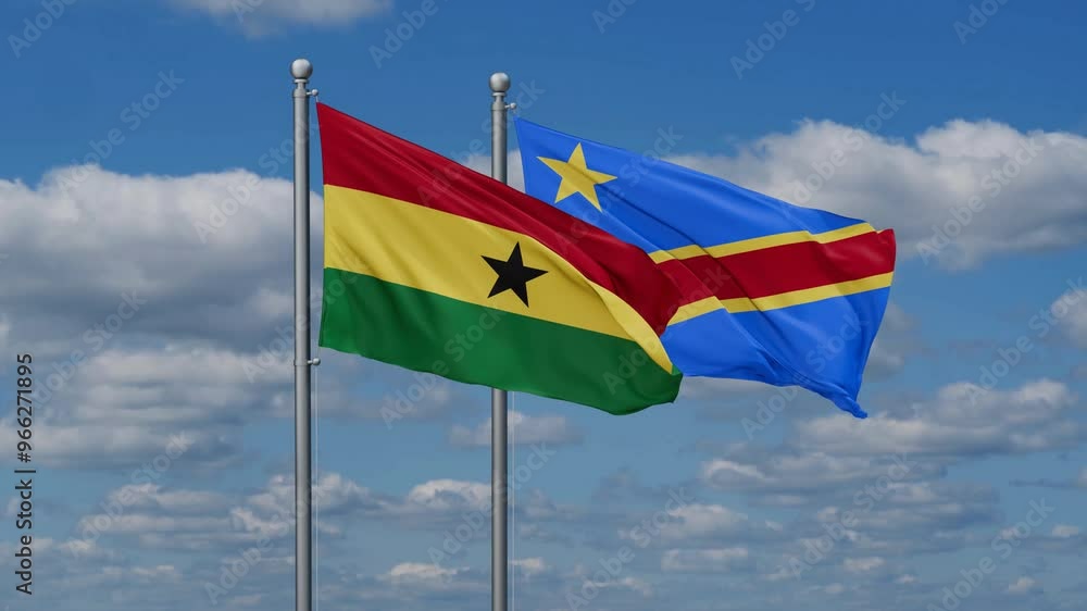 Democratic Republic of the Congo and Ghana flags flying together, video concept of the relationship, two country relations concept Democratic Republic of the Congo and Ghana flags flying together, video concept of the relationship, two country relations concept