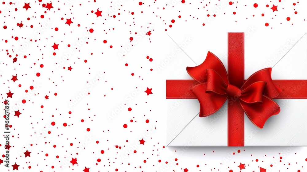 white New Year or Christmas background with gifts with a big red bow and red sparkles, copy space white New Year or Christmas background with gifts with a big red bow and red sparkles, copy space