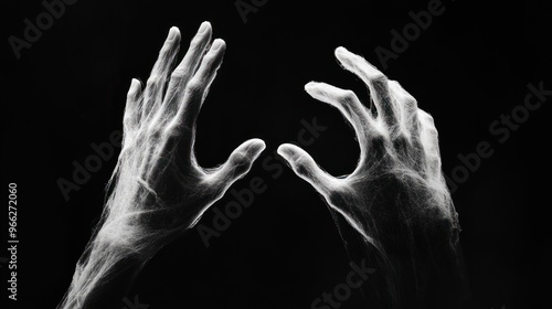 A dramatic black-and-white image of two outstretched hands against a dark background. photo