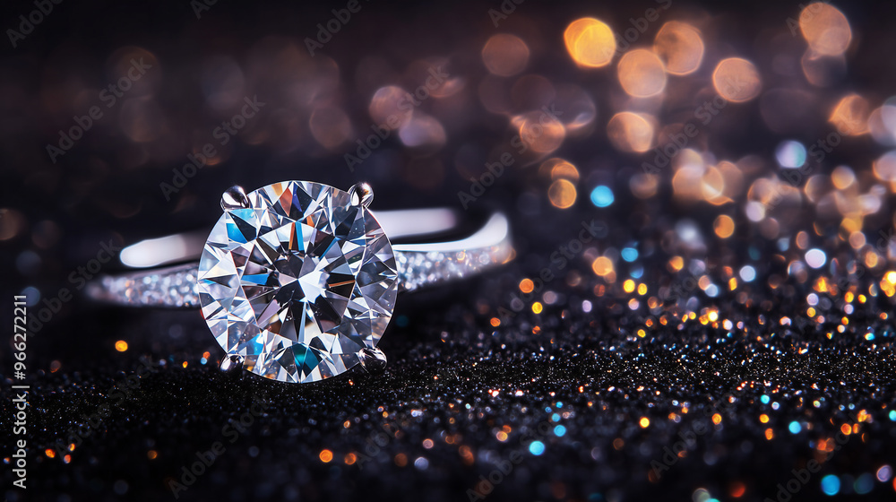 Close-up of a brilliantly cut diamond resting on a dark, glittering surface, showcasing its facets and radiant reflections. Close-up of a brilliantly cut diamond resting on a dark, glittering surface, showcasing its facets and radiant reflections.