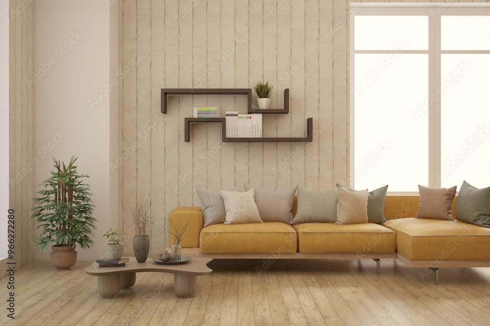 White living room with sofa. Scandinavian interior design. 3D illustration